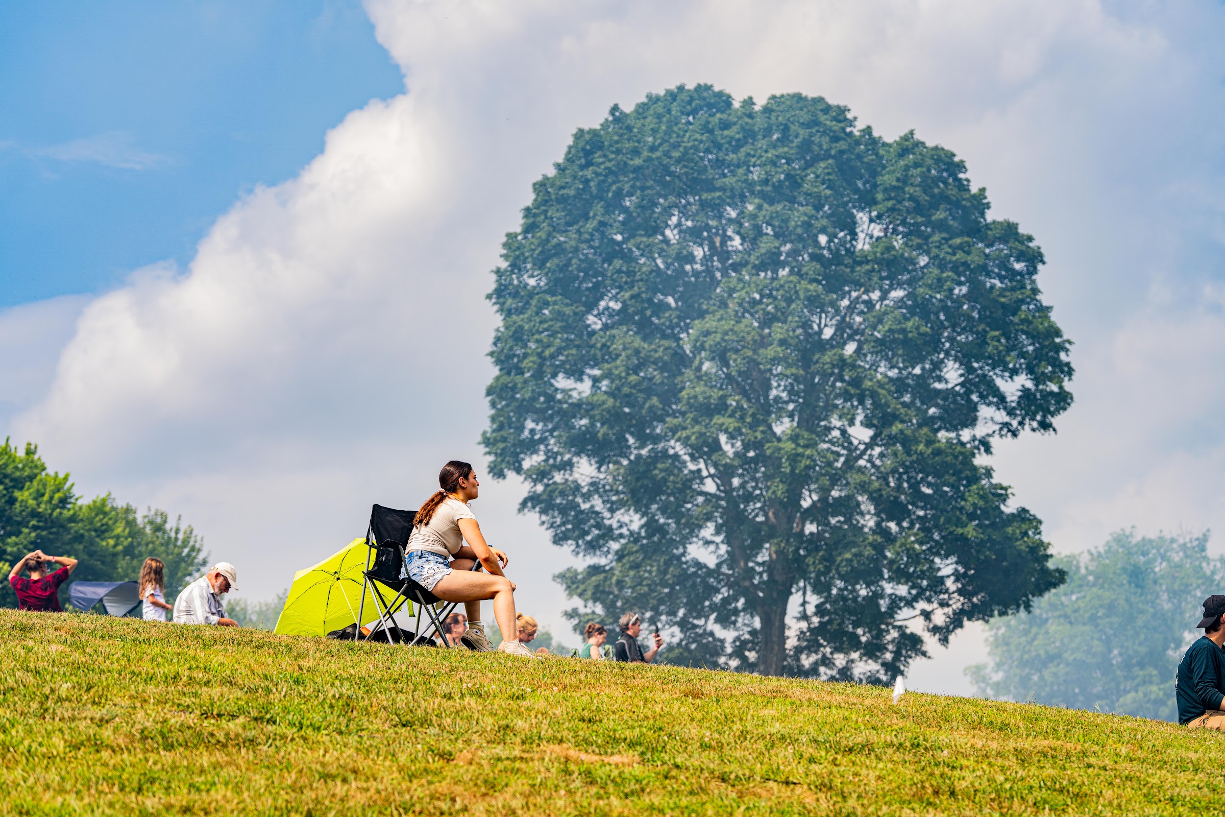Spectators watching from the hillside under a big tree